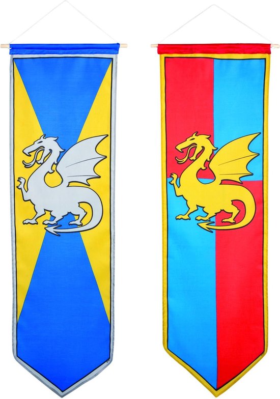 Twee ridderbanieren, een met een zilveren draak op een geel-blauwe achtergrond en een met een gele draak op een rood-blauwe achtergrond.