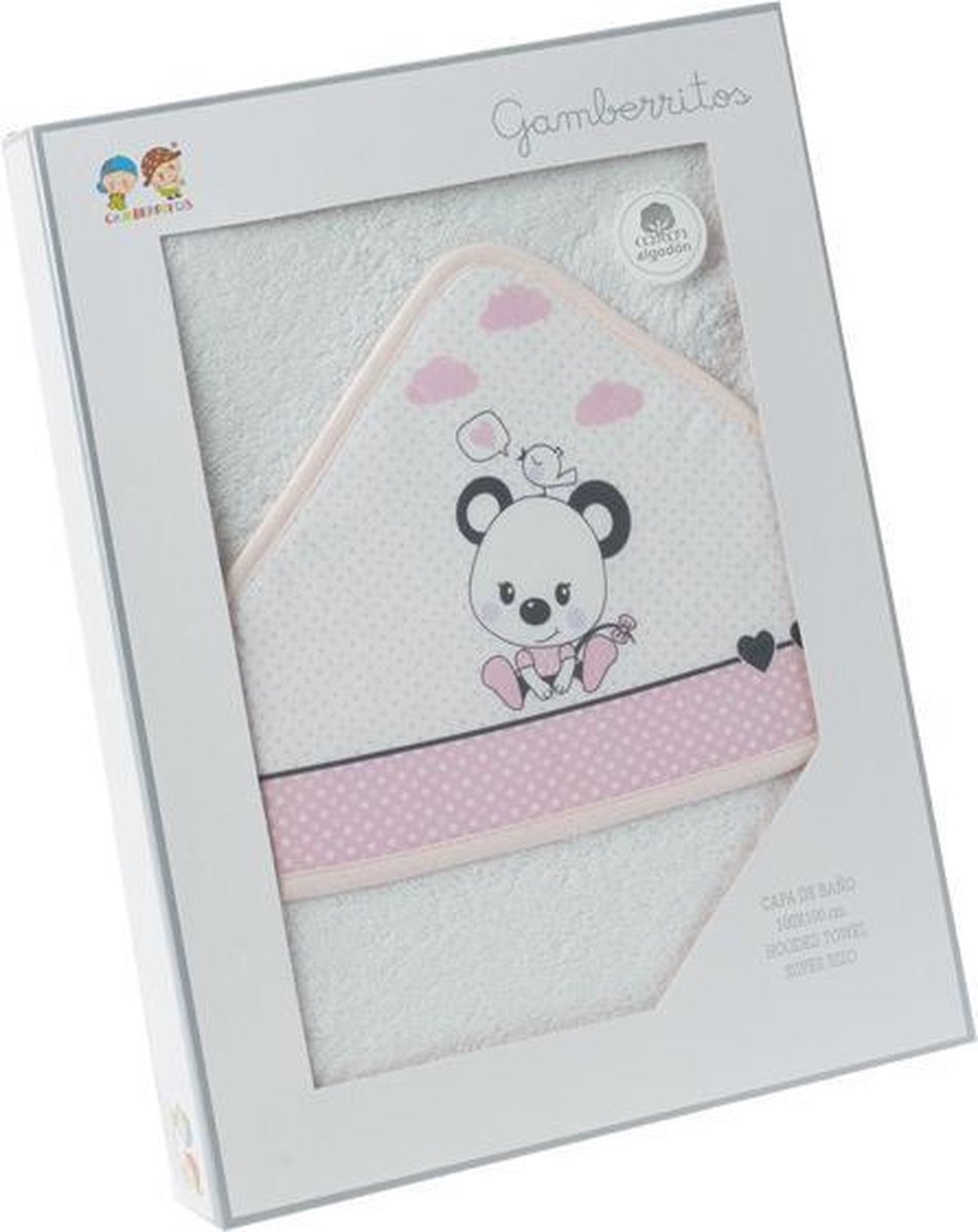 Gamberritos Badcape Beertje 100 X 100 Cm Katoen Wit/roze