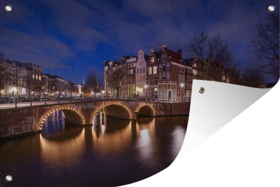 Muurdecoratie Amsterdam - Water - Nacht - 180x120 cm - Tuinposter - Tuindoek - Buitenposter