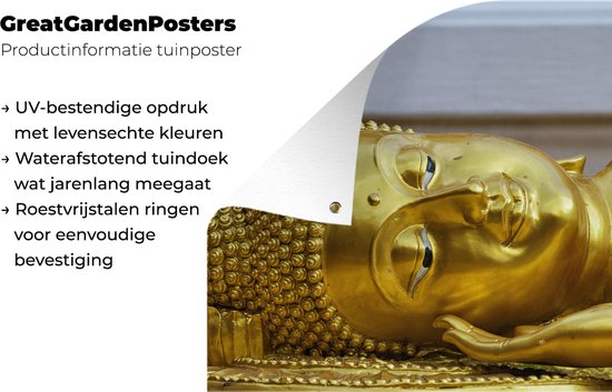 Tuinposter 120x80 cm - Tuindecoratie Liggende Boeddha van goud - Poster voor in de tuin - Buiten decoratie - Schutting tuinschilderij - Tuindoek muurdecoratie - Wanddecoratie balkondoek