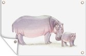 Muurdecoratie Nijlpaard - Kalf - Waterverf - 180x120 cm - Tuinposter - Tuindoek - Buitenposter
