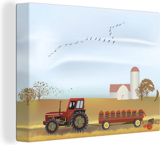 Illustration d'un tracteur à la récolte sur toile 160x120 cm - Tirage photo sur toile (Décoration murale salon / chambre) XXL / Groot format!