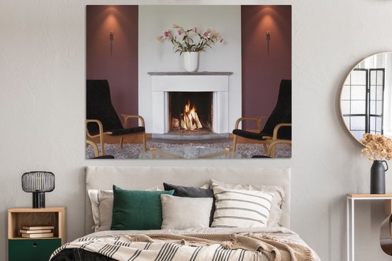Une cheminée dans un salon 160x120 cm - Tirage photo sur toile (Décoration murale salon / chambre) XXL / Grand format!