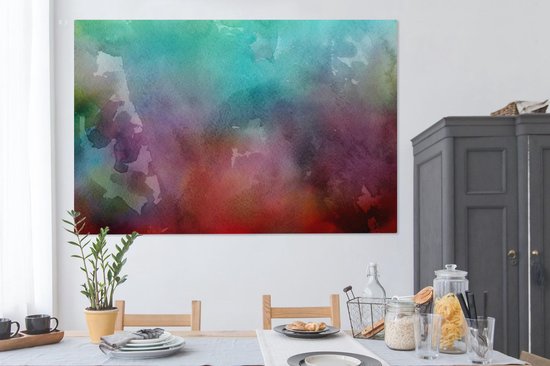 Canvas schilderij 150x100 cm - Wanddecoratie Waterverf - Groen - Rood - Muurdecoratie woonkamer - Slaapkamer decoratie - Kamer accessoires - Schilderijen