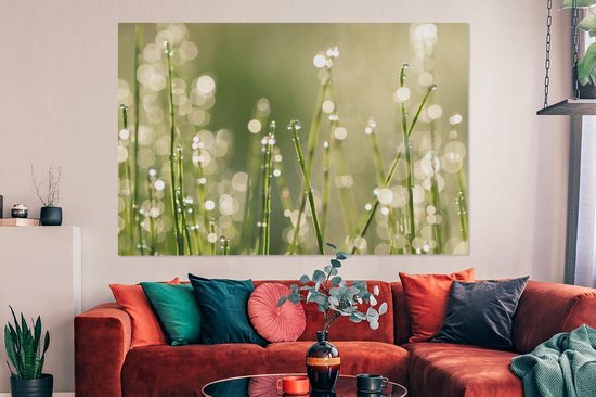 Canvas schilderij 150x100 cm - Wanddecoratie Vroege dauw op grassprieten - Muurdecoratie woonkamer - Slaapkamer decoratie - Kamer accessoires - Schilderijen