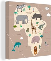Canvas Wereldkaart - 50x50 - Wanddecoratie Dieren - Wereldkaart - Kinderen - Afrika - Kids - Jongens - Meisjes