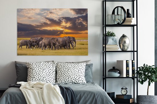Troupeau d'éléphants au bord d'un lac toile 2cm 140x90 cm - Tirage photo sur toile peinture (Décoration murale salon / chambre) / animaux sauvages Peintures sur toile