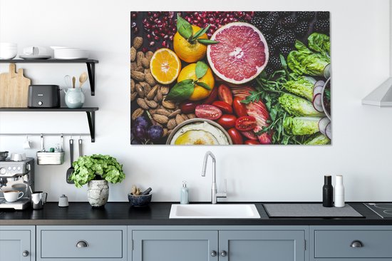 Divers fruits étalés sur une toile de table 2cm 120x80 cm - Tirage photo sur toile (Décoration murale salon / chambre)