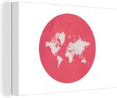 Canvas Wereldkaart - 90x60 - Wanddecoratie Wereldkaart - Roze - Cirkel