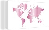 Canvas Wereldkaart - 80x40 - Wanddecoratie Wereldkaart - Roze - Schilderij