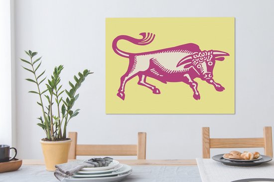 Une illustration d'une toile de taureau rose 80x60 cm - Tirage photo sur toile (Décoration murale salon / chambre) / Peintures sur toile Animaux de la ferme