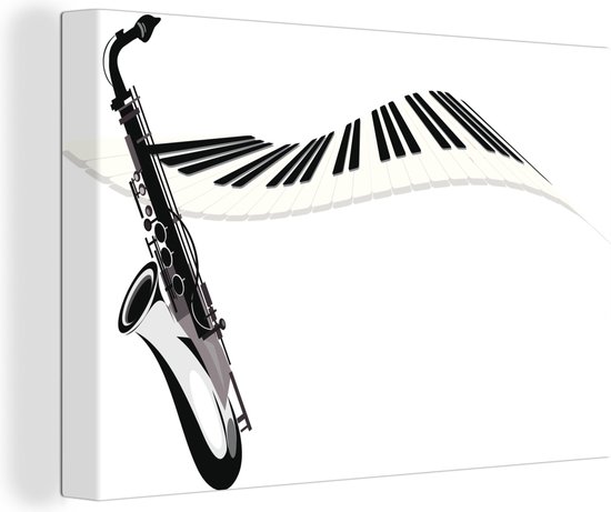 Canvas Schilderij Zwart-wit illustratie van een saxofoon en een piano - 120x80 cm - Wanddecoratie
