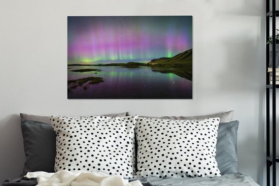 Canvas Schilderij Noorderlicht - IJsland - Paars - 90x60 cm - Wanddecoratie