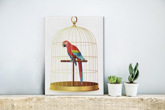 Verschrikkelijk Zonsverduistering jogger Canvas Schilderij Een illustratie van een rode papegaai in een kooi - 30x40  cm -... | bol.com