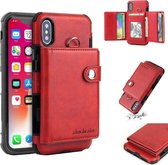 Voor iPhone X schokbestendige pc + TPU-beschermhoes, met kaartsleuven en portemonnee en fotolijst en draagkoord (rood)