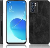 Voor OPPO Reno6 5G Schokbestendig Naaien Koe Huid Textuur PC + PU + TPU Case (Zwart)