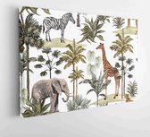 Beautiful tropical vintage hawaiian palm trees, zebra, giraffe, elephant, leopard. Hand drawn floral seamless pattern on the white background. Exotic jungle wallpaper. - Moderne sc