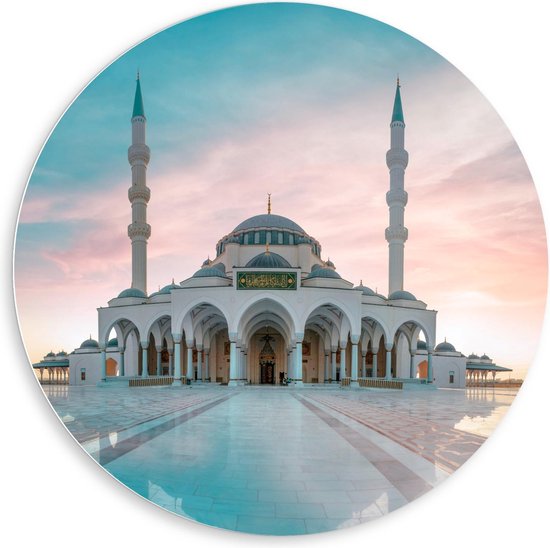 Forex Wandcirkel - Sharjah Mosque - Dubai - 80x80cm Foto op Wandcirkel (met ophangsysteem)