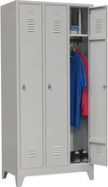 Industriële locker garderobekast 3- delig grijs met pootjes en cilinderslot
