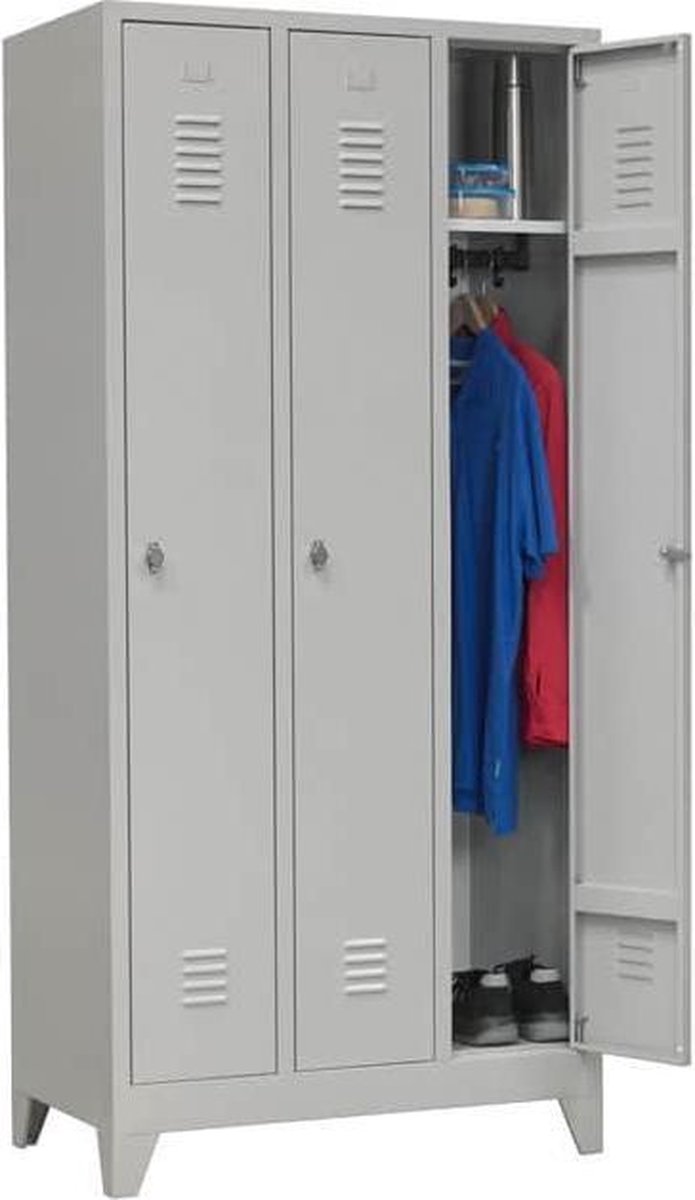ABC Kantoormeubelen Industriële locker garderobekast 3- delig grijs met pootjes en cilinderslot Licht grijs (Ral 7035)