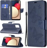 Voor Samsung Galaxy A03s Embossing Twee Vlinders Patroon Horizontale Flip PU Lederen Case met Houder & Kaartsleuf & Portemonnee & Lanyard (Blauw)