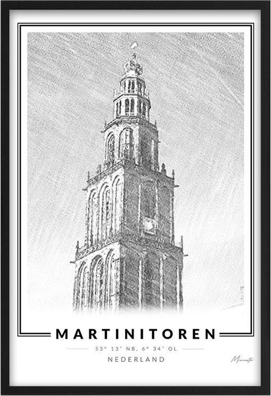 Poster Martinitoren Groningen - A3 - 30 x 42 cm - Inclusief lijst (Zwart Aluminium)