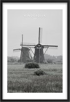 Poster Molens Kinderdijk - A4 - 21 x 30 cm - Inclusief lijst (Zwart Aluminium)