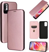 Voor Xiaomi Redmi Note 10 5G Koolstofvezel Textuur Magnetische Horizontale Flip TPU + PC + PU Lederen Case met Kaartsleuf (Roze)