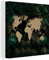 Canvas Wereldkaart - 90x90 - Wanddecoratie Wereldkaart - Bruin - Bloemen