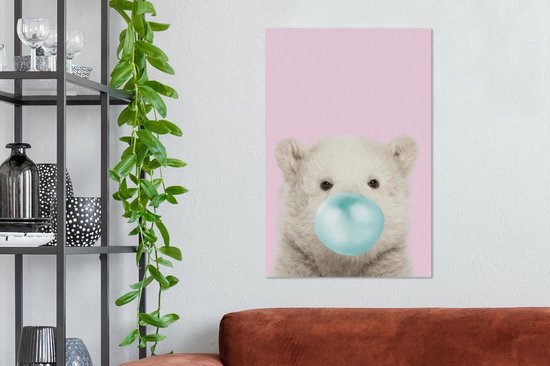 Canvas schilderij kinderen - IJsbeer - Kauwgom - Roze - Blauw - Kinderen - Meisjes - Canvas Meisjes - Muurdecoratie Meiden - Kids - 60x90 cm