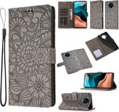 Voor Xiaomi Redmi K30 Pro Skin Feel Reliëf Zonnebloem Horizontale Flip Lederen Case met Houder & Kaartsleuven & Portemonnee & Lanyard (Grijs)