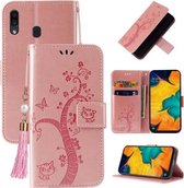 Voor Samsung Galaxy A20/A30 Reliëf Lucky Tree Horizontale Flip Lederen Case met Houder & Kaartsleuf & Portemonnee & Lanyard (Rose Goud)