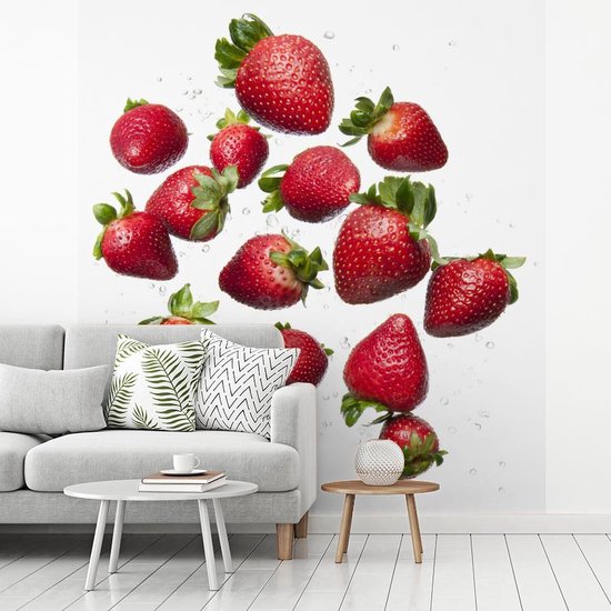 Fond d' écran - Papier peint photo - doux et fraises juteuses sur le fond blanc - Largeur 200 cm x Hauteur 220 cm