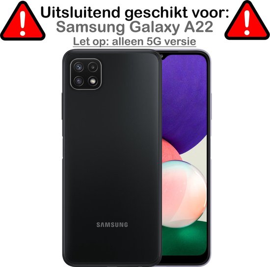 Een zwarte Samsung Galaxy A22 5G telefoon, met een paars, roze en groen behang op het scherm.