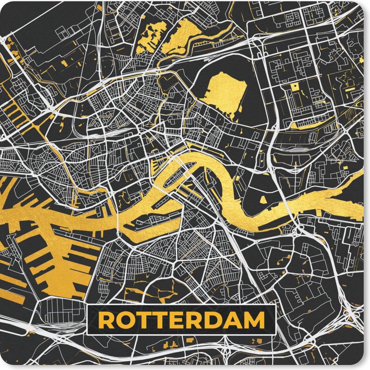 Muismat 30x30 cm - Mousepad Kaart - Rotterdam - Goud - Zwart - Muismatten
