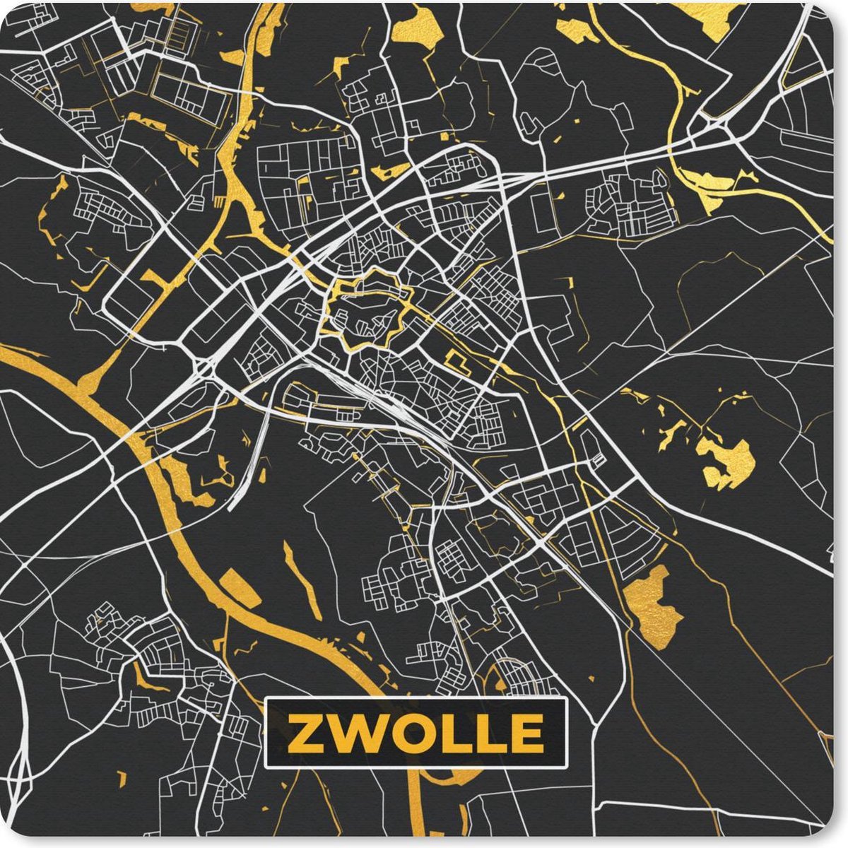 Muismat 20x20 cm - Mousepad Kaart - Zwolle - Goud - Zwart - Muismatten