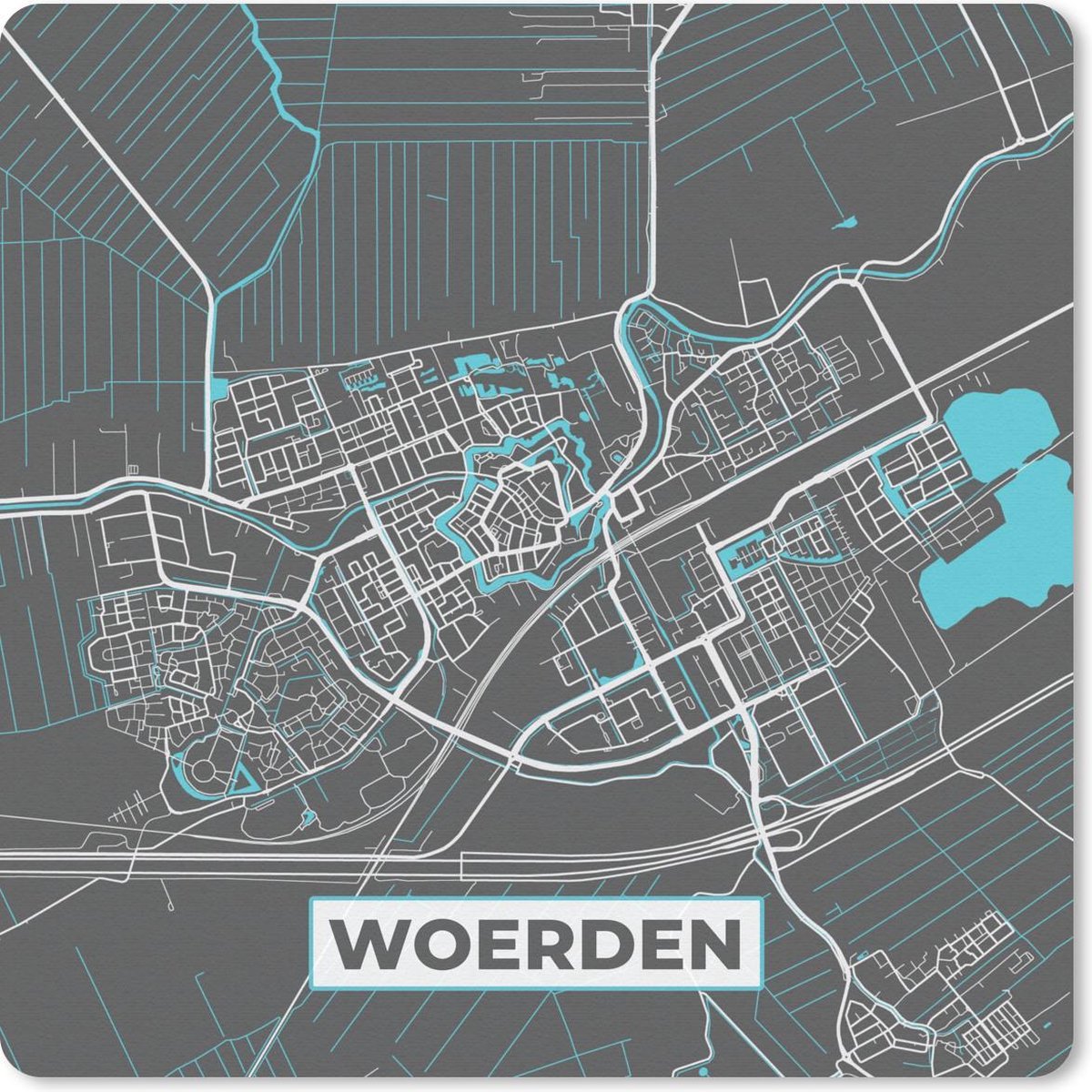 Muismat 20x20 cm - Mousepad Plattegrond - Woerden - Grijs - Blauw - Muismatten - Stadskaart