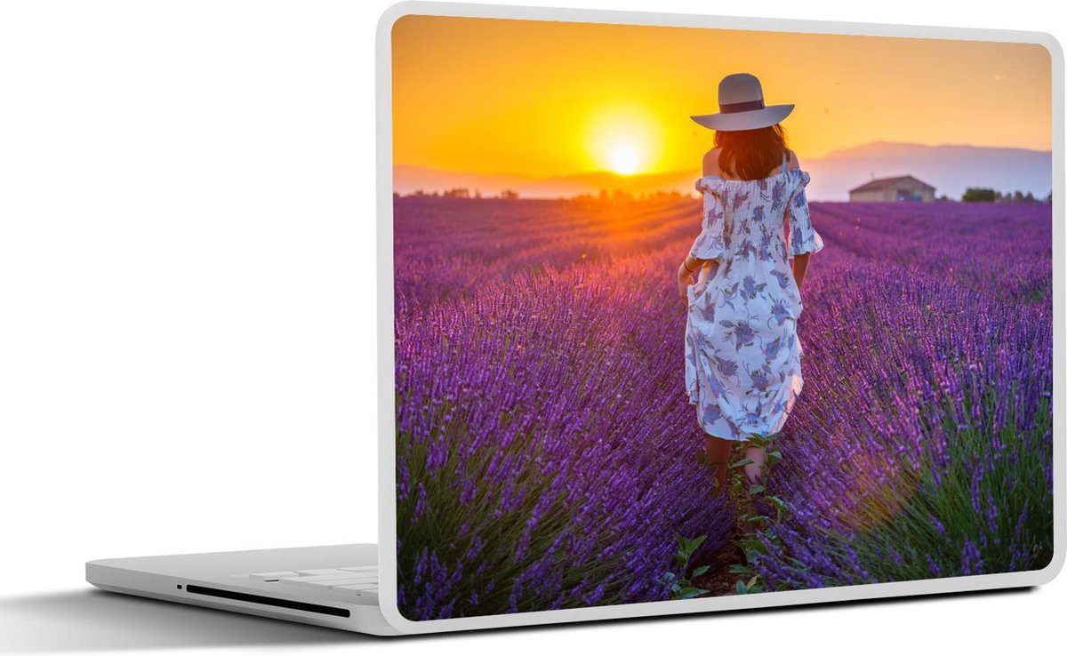 Laptop sticker - 14 inch - Vrouw - Lavendel - Zonsondergang - 32x5x23x5cm - Laptopstickers - Laptop skin - Cover