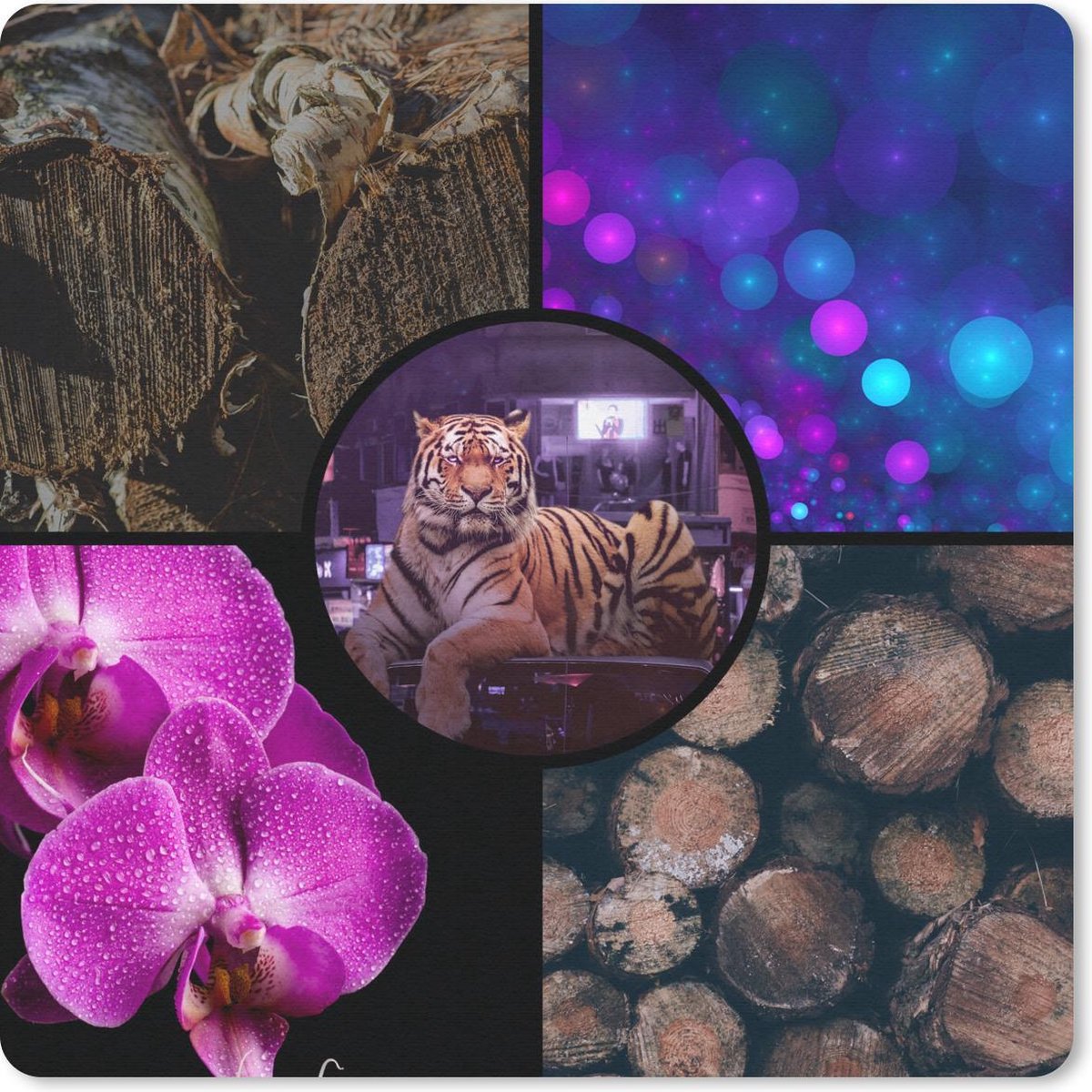 Muismat 30x30 cm - Mousepad Tijger - Collage - Hout - Orchidee - Muismatten