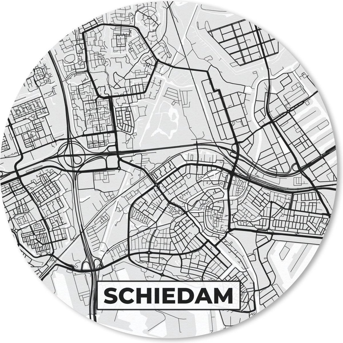 Muismat rond 30x30 cm - Mousepad Stadskaart - Schiedam - Grijs - Wit - Ronde muismatten