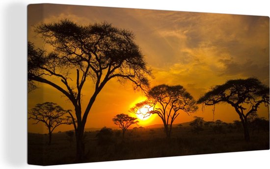 Canvas Schilderij Zonsondergang in de Serengeti - 40x20 cm - Wanddecoratie
