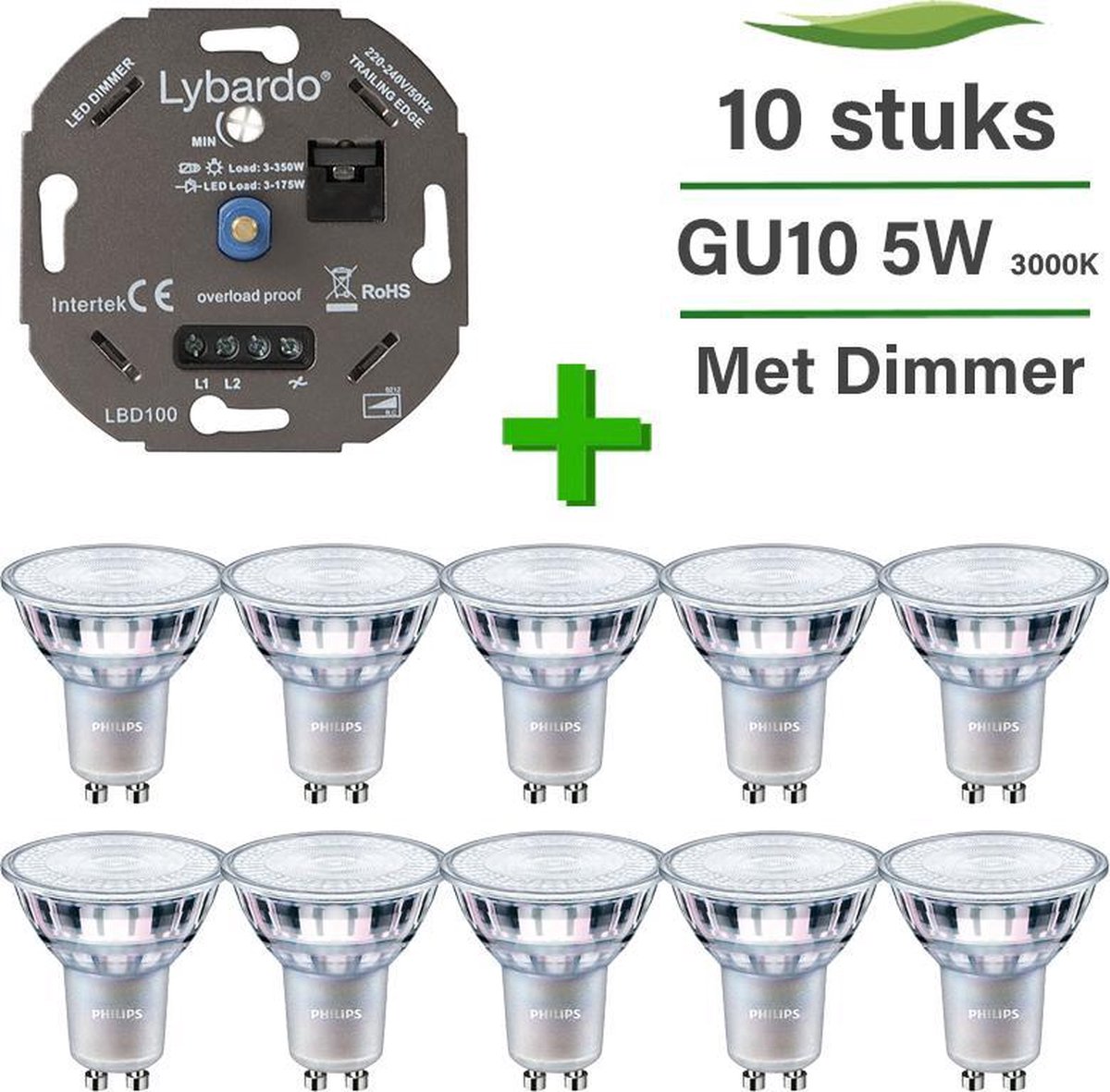 10 Pack Philips CorePro LED GU10 Dimbaar 5W 3000K + Lybardo