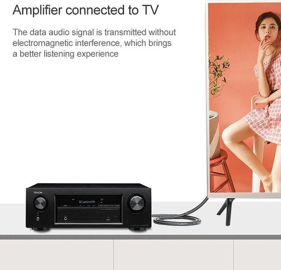 Zwarte receiver met 'Bluetooth' display, verbonden met een tv. Een vrouw in een roze jurk is op de tv te zien.