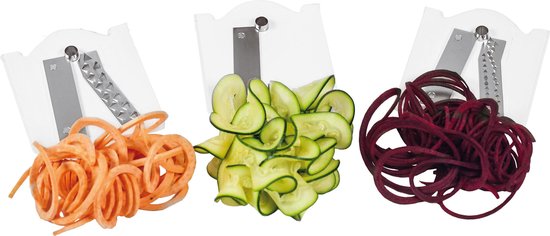 Drie verwisselbare spiraalsnijders met verschillende snijbladen: voor wortels, courgette en rode bieten.