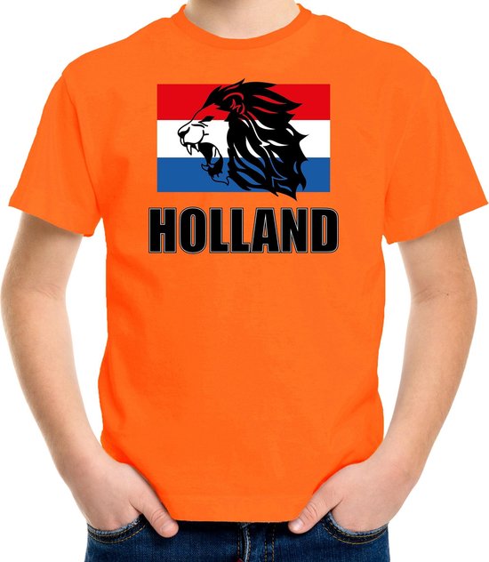 Oranje fan t-shirt voor kinderen - met leeuw en vlag - Holland / Nederland supporter - Koningsdag / EK / WK shirt / outfit 158/164