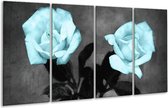 GroepArt - Glasschilderij - Roos - Blauw, Grijs, Zwart - 160x80cm 4Luik - Foto Op Glas - Geen Acrylglas Schilderij - 6000+ Glasschilderijen Collectie - Wanddecoratie