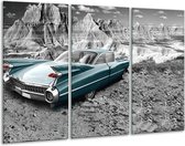 Glasschilderij Oldtimer, Auto - Zwart, Wit - 120x80cm 3Luik - Foto Op Glas - Geen Acrylglas Schilderij - GroepArt 6000+ Glas Art Collectie - Maatwerk Mogelijk