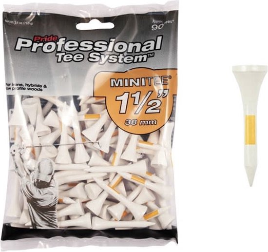 Een zak met witte golf tees met oranje accenten, ca. 90 stuks, en één losse tee.