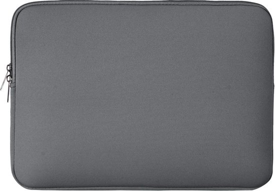 Housse d'ordinateur portable grise, fermée, vue de face, avec fermeture éclair sur le côté.