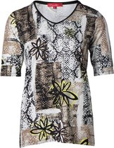 Dames shirt km, bloemenprint zwart taupe geel | Maat XL